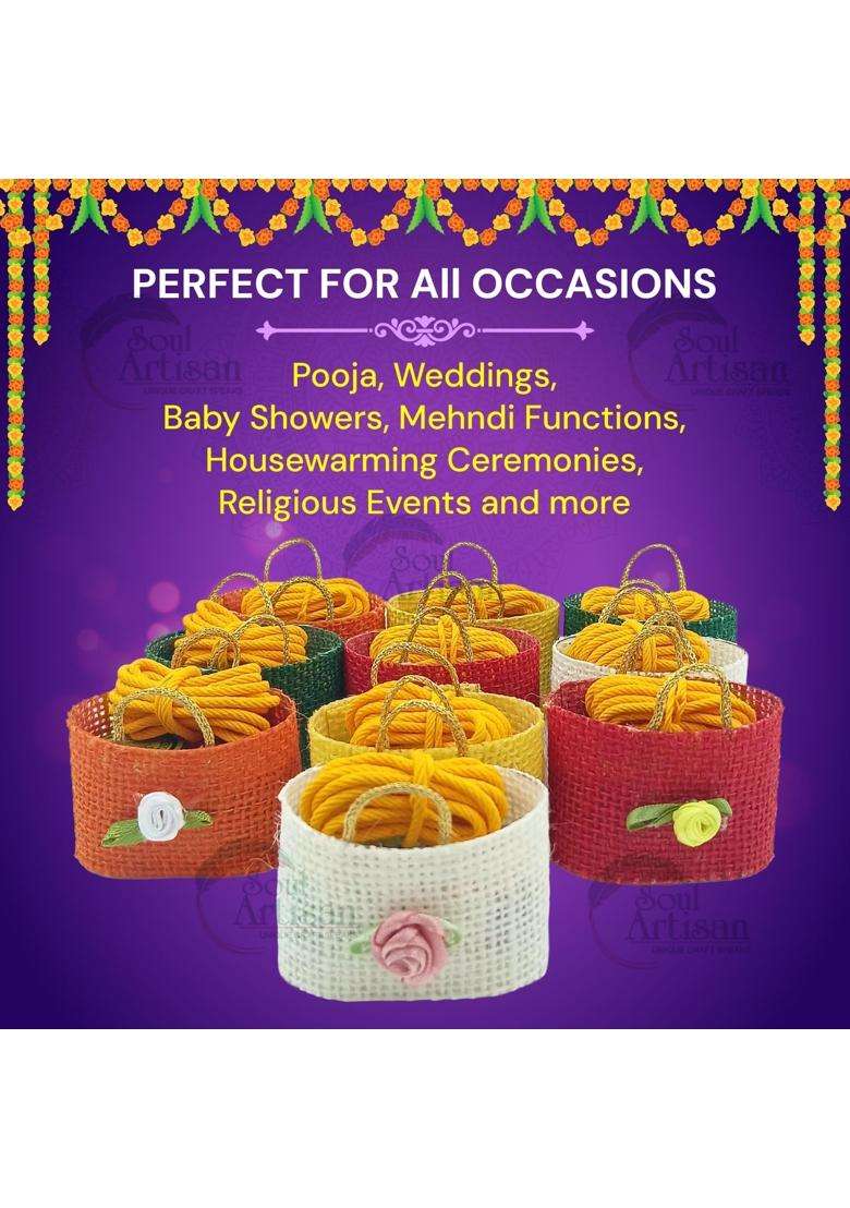 Soul Artisan Thamboolam Return Gifts in Mini Multicolor Jute Bag with Tilakam and Thali Pack of 50 - Indya