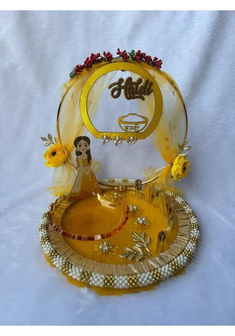 Shyama Craft Yellow Handmade Resin Haldi Platter Handcrafted Thali Tray Wedding Haldi Plate for Haldi Ceremony