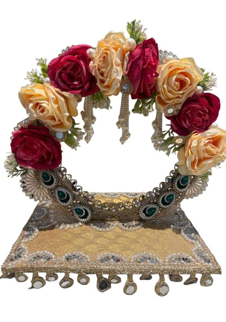 Gold Handcrafted Engagement Ring Ceremony Tray with Floral Arch and Mirror Work Embellishments Pack of 1 - Indya