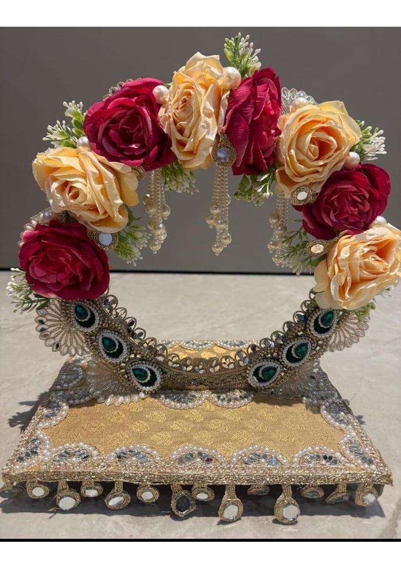 Gold Handcrafted Engagement Ring Ceremony Tray with Floral Arch and Mirror Work Embellishments Pack of 1 - Indya