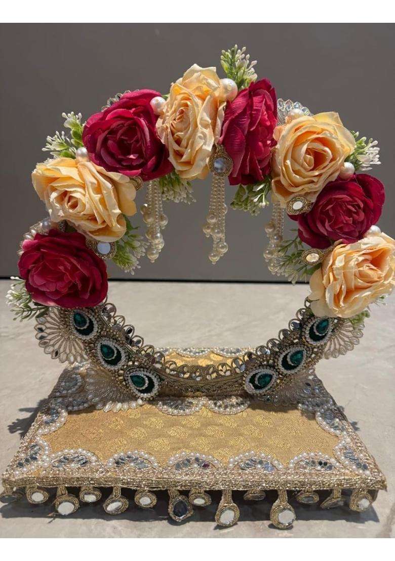 Gold Handcrafted Engagement Ring Ceremony Tray with Floral Arch and Mirror Work Embellishments Pack of 1 - Indya