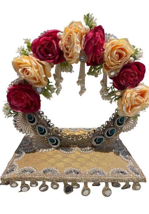 Gold Handcrafted Engagement Ring Ceremony Tray with Floral Arch and Mirror Work Embellishments Pack of 1