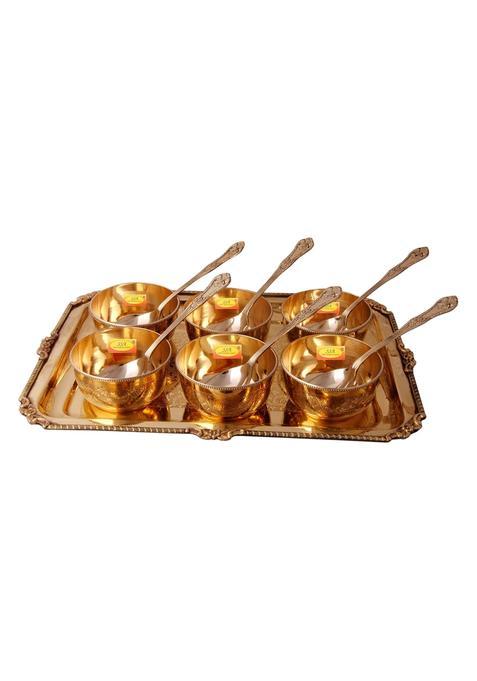 Shiv Shakti Arts Yellow 13 Pieces Brass Thali Set Dinner Set Dry Fruits and Dessert Serving Tray Set