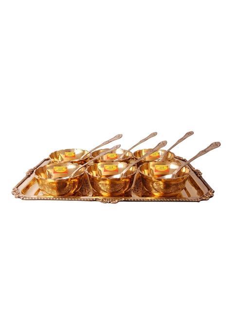 Shiv Shakti Arts Yellow 13 Pieces Brass Thali Set Dinner Set Dry Fruits and Dessert Serving Tray Set Designer