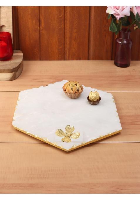 Nikkispride Marble Platter Round Shape White with Gold Foil Work and Gold Finish Metal Butterfly Embedded