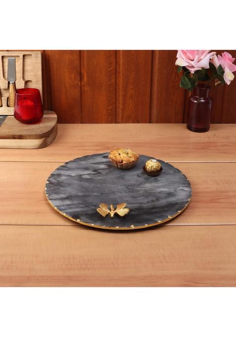 Nikkispride Marble Platter Round Shape Black with Gold Foil Work and Gold Finish Metal Butterfly Embedded