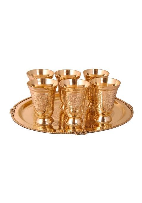Shiv Shakti Arts Yellow Brass Tray Glass Set for Serving Water Juices Drinks at Home Hotel Mughlai Finish Set