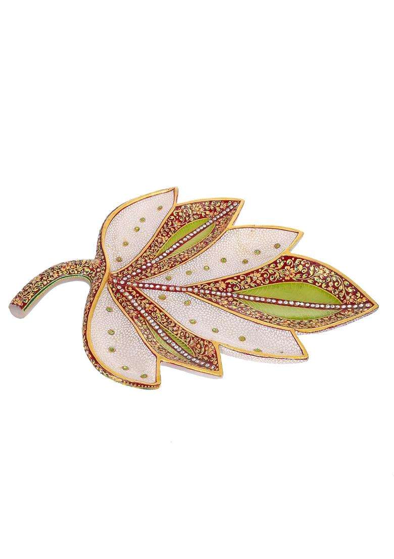 Arts and Crafts Handcrafted Kundan and 22K Gold Leaf Hand Painted Marble Decorative Platter - Indya