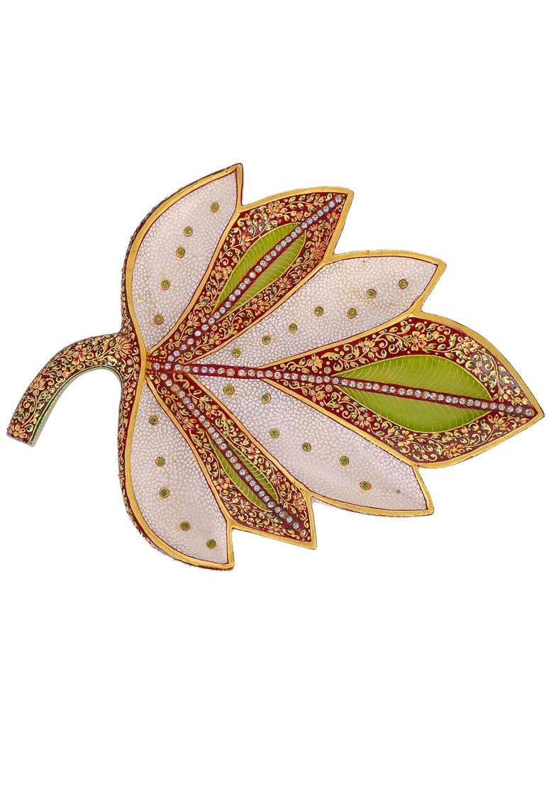 Arts and Crafts Handcrafted Kundan and 22K Gold Leaf Hand Painted Marble Decorative Platter - Indya