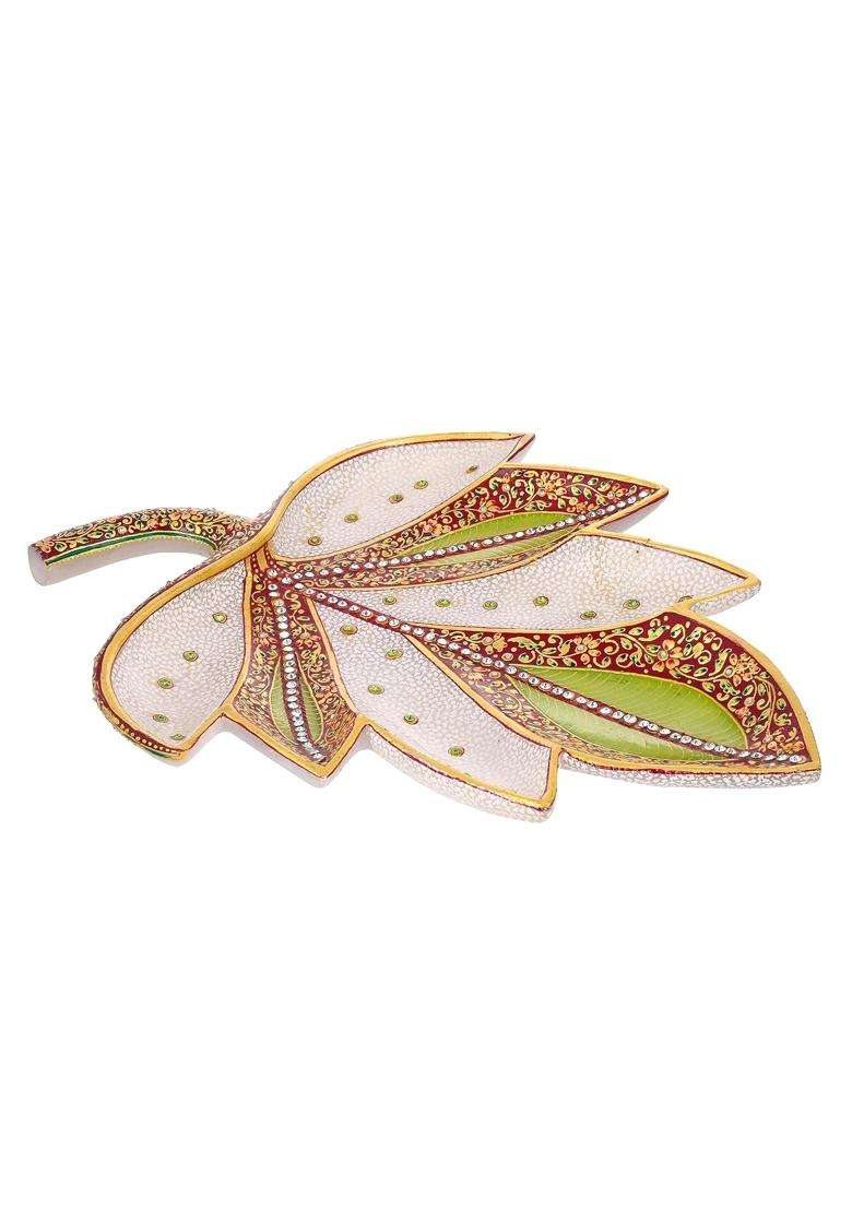 Arts and Crafts Handcrafted Kundan and 22K Gold Leaf Hand Painted Marble Decorative Platter - Indya