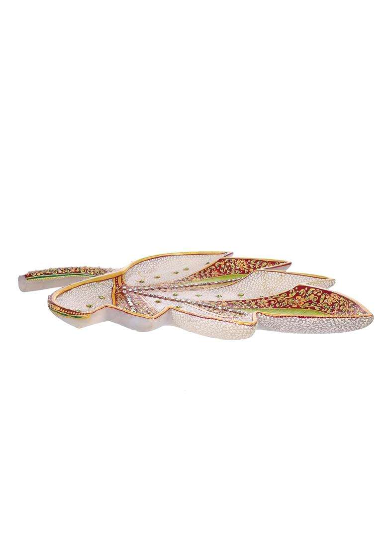 Arts and Crafts Handcrafted Kundan and 22K Gold Leaf Hand Painted Marble Decorative Platter - Indya