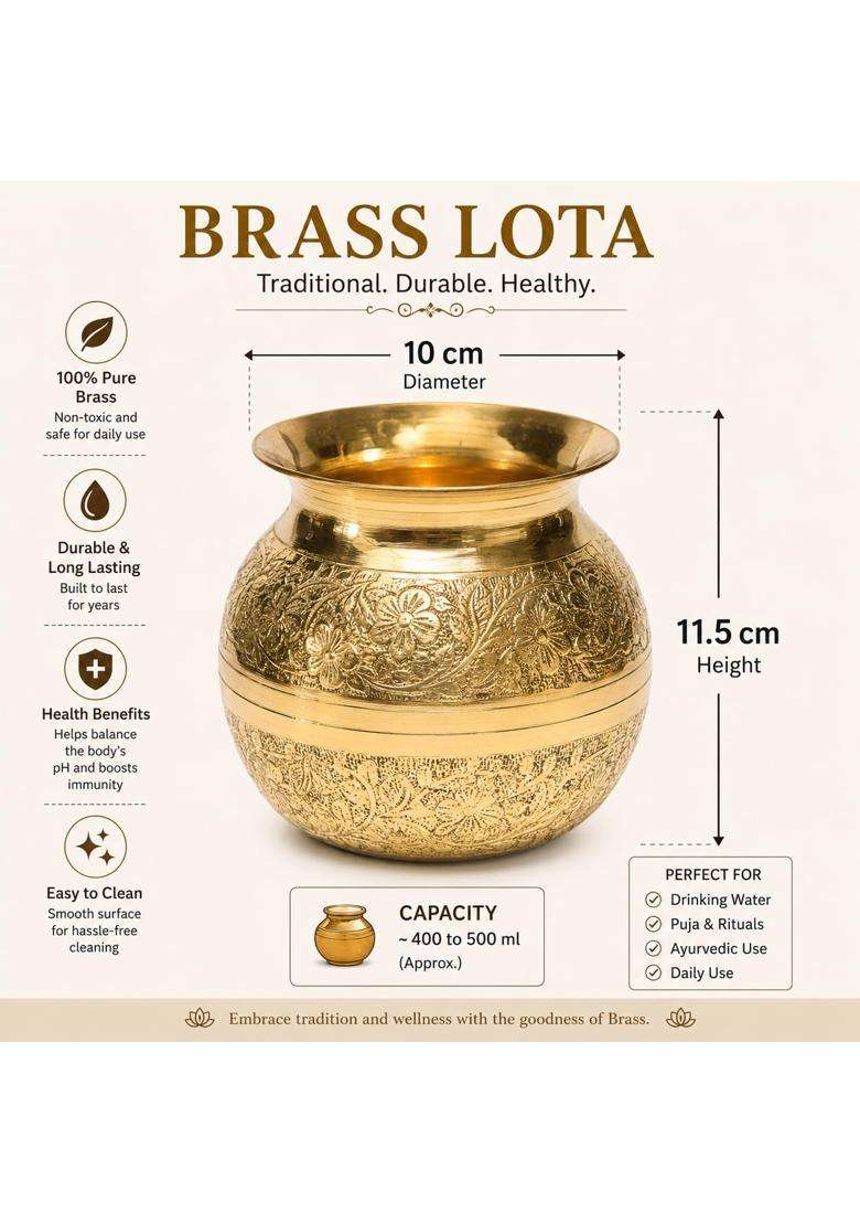 Pure Source India Gold Brass Pooja Kalash Lota Pooja Article Pooja Item for Pooja and Decoration 650 ML - Indya