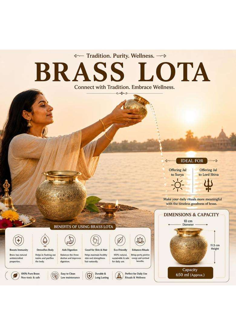 Pure Source India Gold Brass Pooja Kalash Lota Pooja Article Pooja Item for Pooja and Decoration 650 ML - Indya