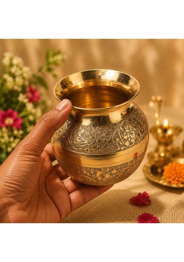 Pure Source India Gold Brass Pooja Kalash Lota Pooja Article Pooja Item for Pooja and Decoration 650 ML - Indya