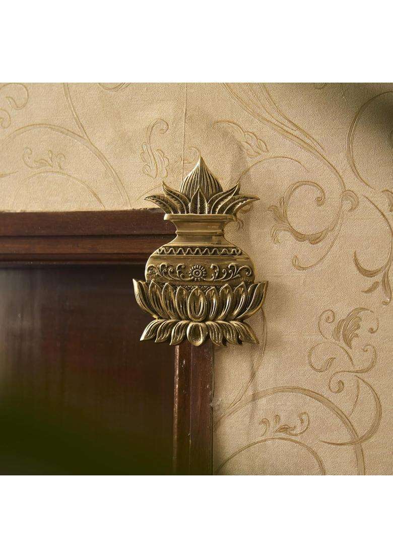 Esplanade Golden Brass Kalash Wall Hanging Coconut Shriphal and Lotus Heavy Solid Brass Door and Home Decor - Indya