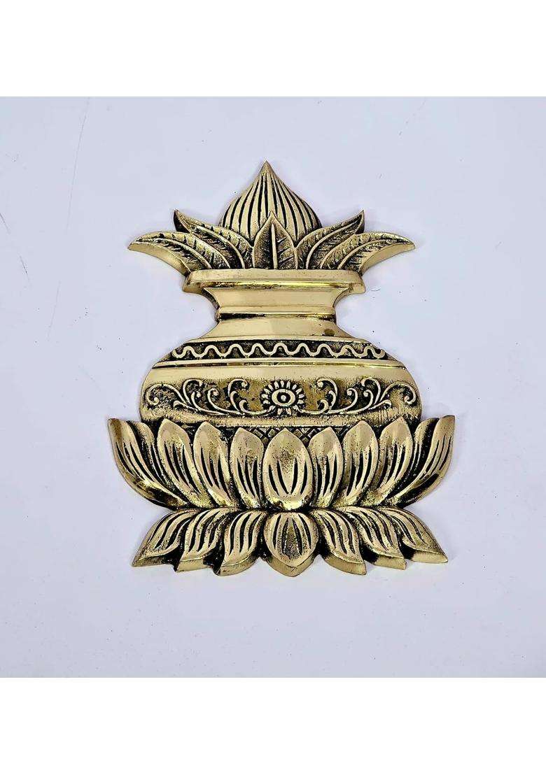 Esplanade Golden Brass Kalash Wall Hanging Coconut Shriphal and Lotus Heavy Solid Brass Door and Home Decor - Indya
