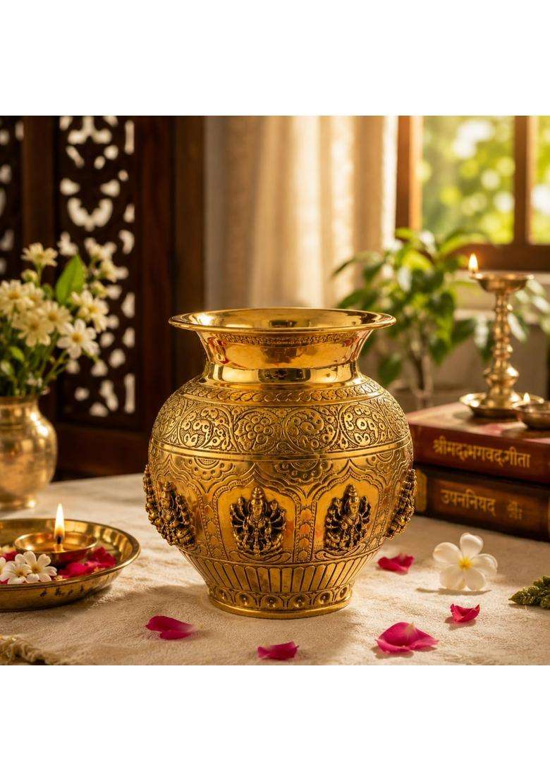 Gold RR Pure Brass Kalash for Pooja Home Decor Handcrafted Ashta Lakshmi Pital Lota Pot for Mandir and Diwali - Indya