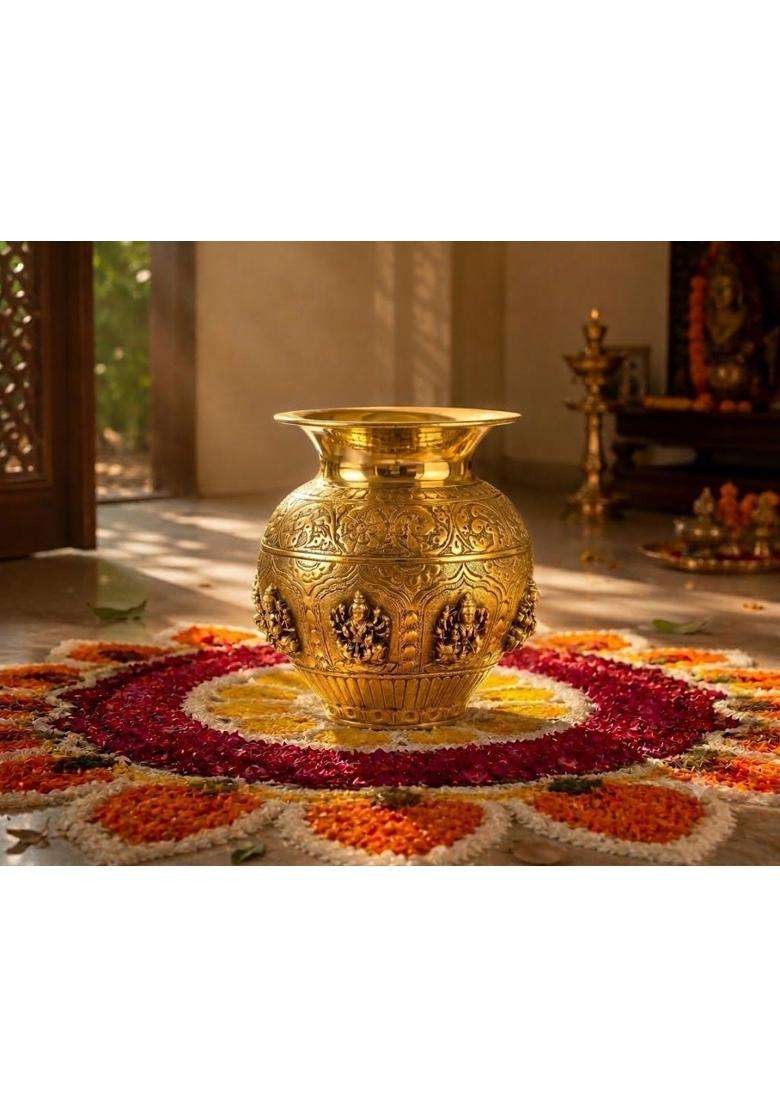 Gold RR Pure Brass Kalash for Pooja Home Decor Handcrafted Ashta Lakshmi Pital Lota Pot for Mandir and Diwali - Indya