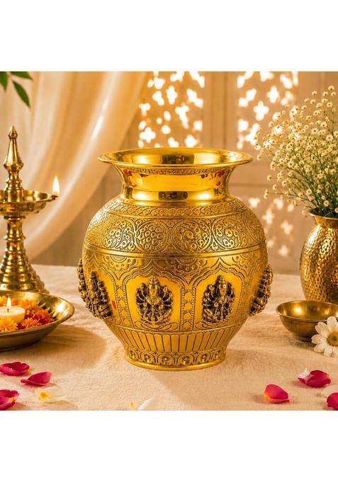 Gold RR Pure Brass Kalash for Pooja Home Decor Handcrafted Ashta Lakshmi Pital Lota Pot for Mandir and Diwali