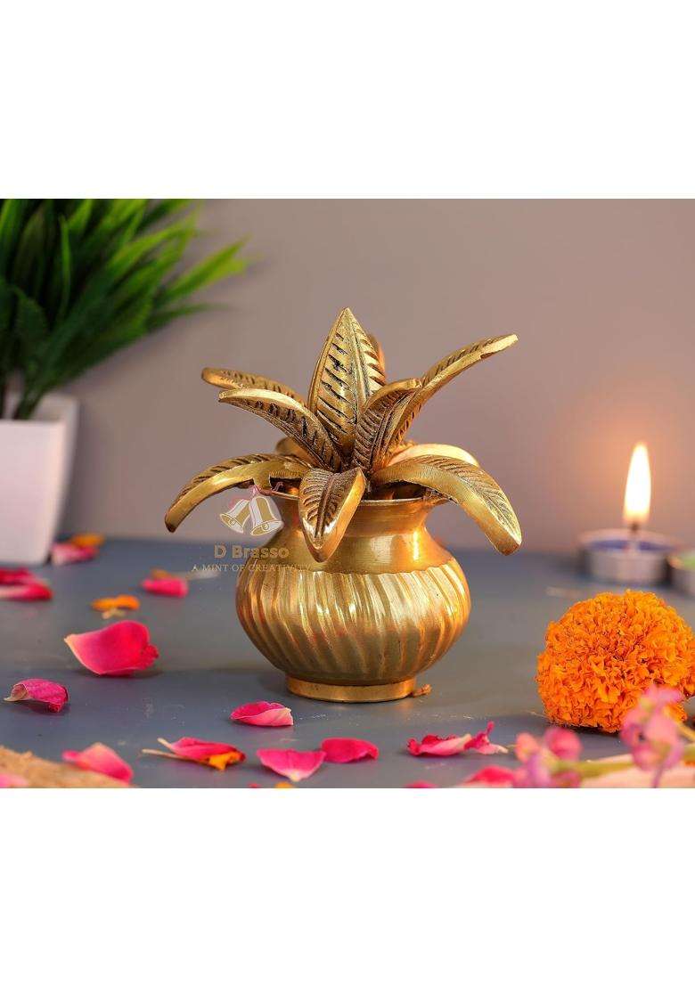 D Brasso Gold 5 Inch Premium Brass Mangal Kalash with Coconut Pital Kalash for Pooja Pack of 1 - Indya