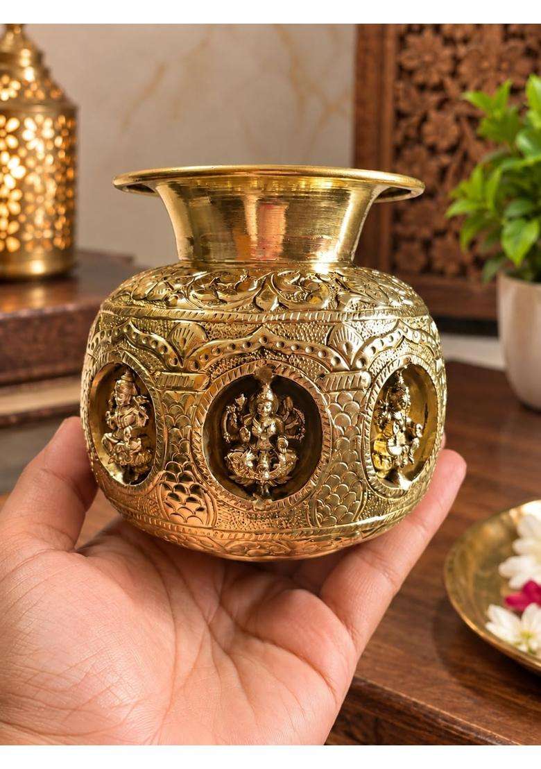 LTG Pure Brass Ashta Lakshmi Kalash 400 Gram Decorative Pooja Kalash for Home Temple - Indya