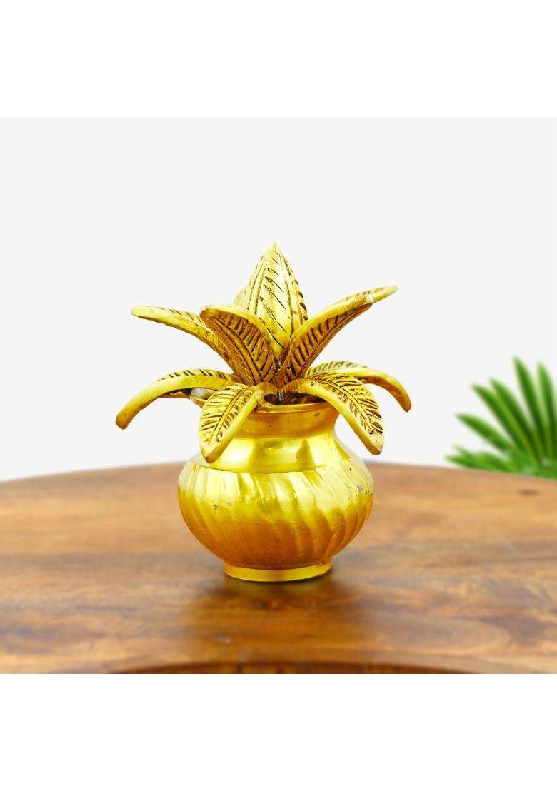 International Gift Gold Plated Brass Kalash with Coconut and Mango Leaves - Indya