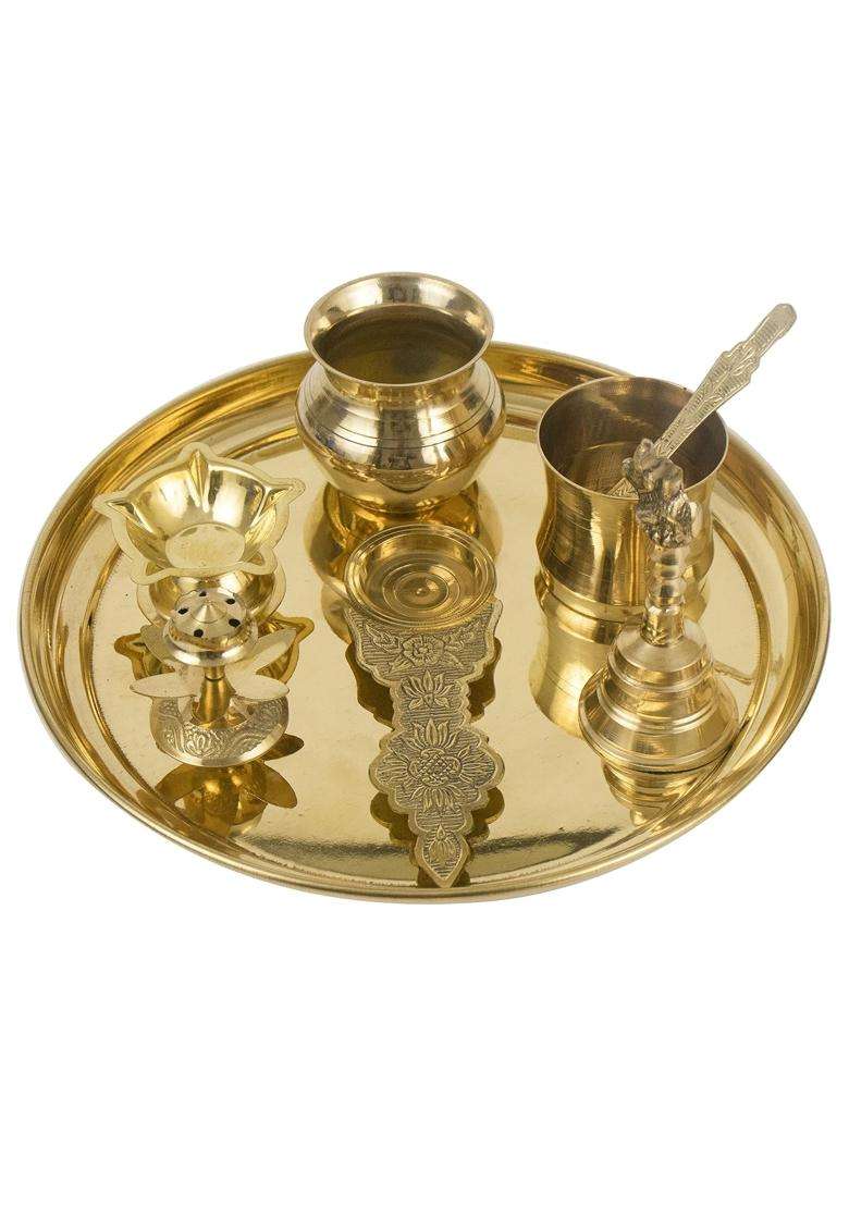 Spillbox Yellow Brass Poojathali Aarti Bartan Plate Set with 10Inch Diya Agarbathi - Indya