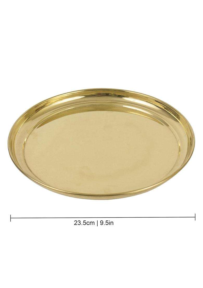 Spillbox Yellow Brass Poojathali Aarti Bartan Plate Set with 10Inch Diya Agarbathi - Indya