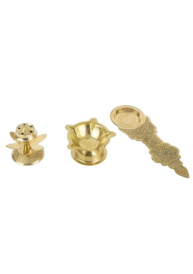 Spillbox Yellow Brass Poojathali Aarti Bartan Plate Set with 10Inch Diya Agarbathi - Indya