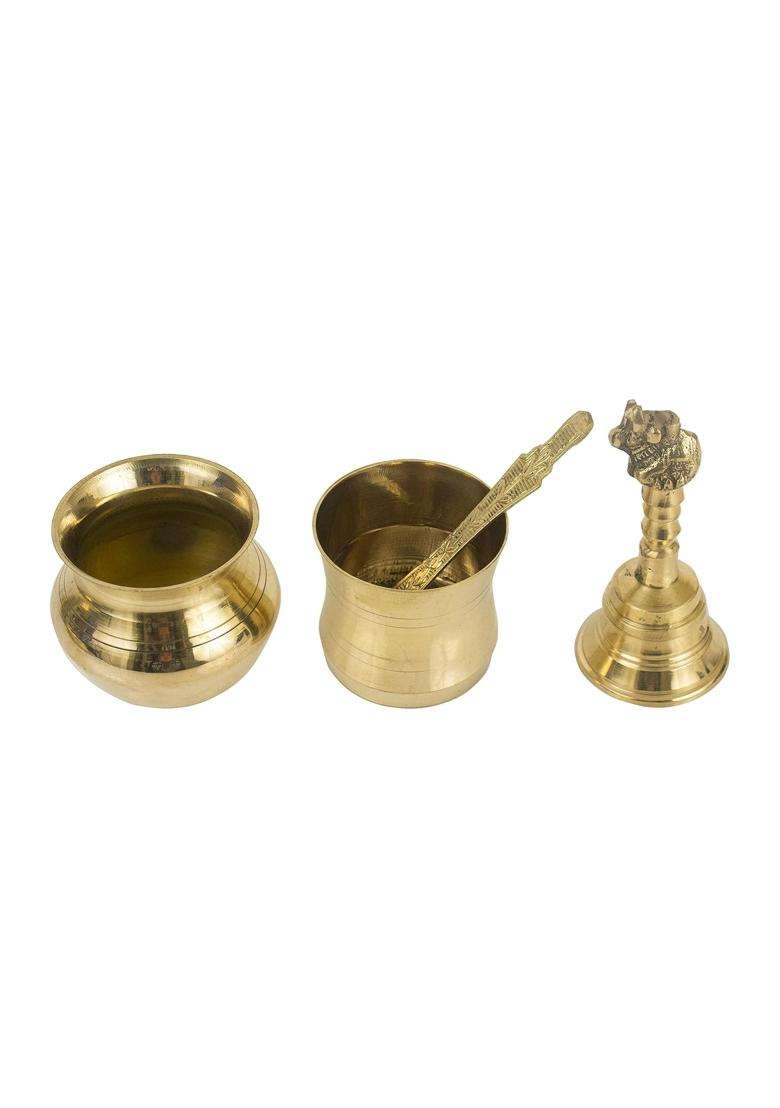 Spillbox Yellow Brass Poojathali Aarti Bartan Plate Set with 10Inch Diya Agarbathi - Indya