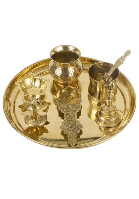 Spillbox Yellow Brass Poojathali Aarti Bartan Plate Set with 10Inch Diya Agarbathi