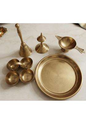 Pure Brass Pital Pooja Thali Set with Ghanti Diya Dhoop Dani