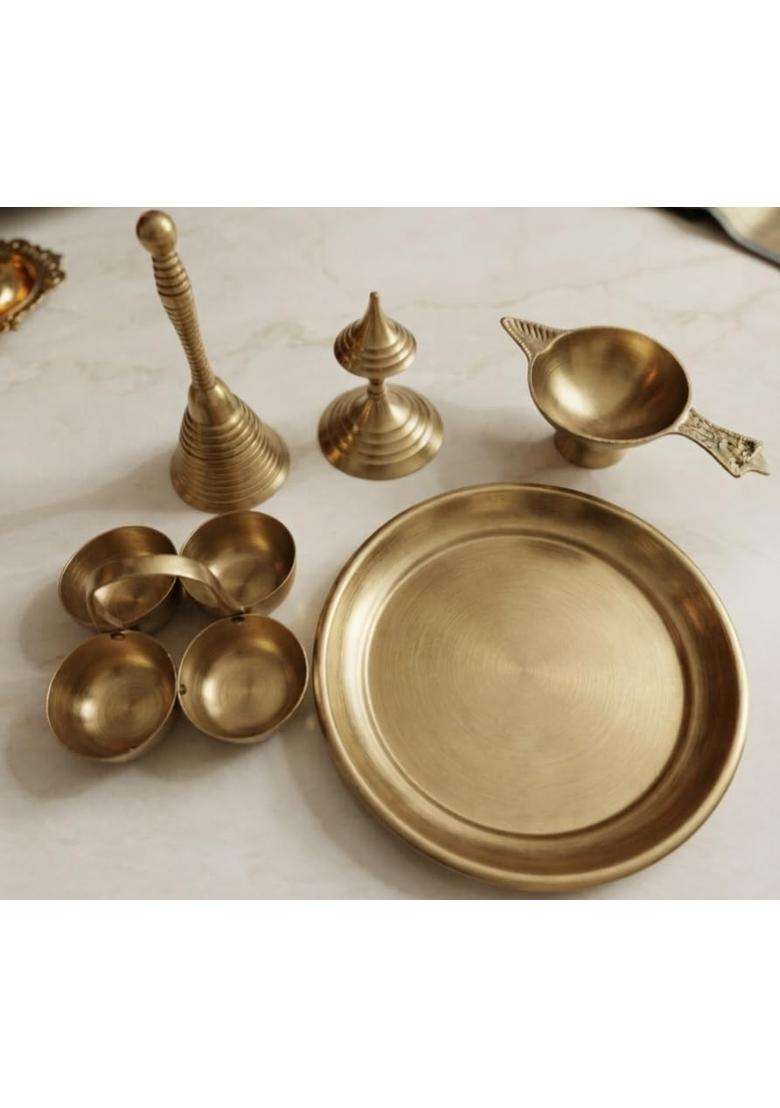 Pure Brass Pital Pooja Thali Set with Ghanti Diya Dhoop Dani - Indya