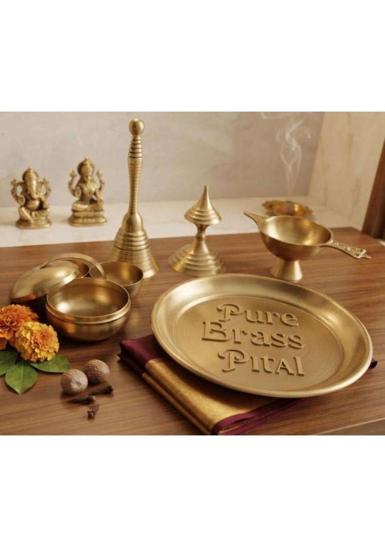 Pure Brass Pital Pooja Thali Set with Ghanti Diya Dhoop Dani - Indya
