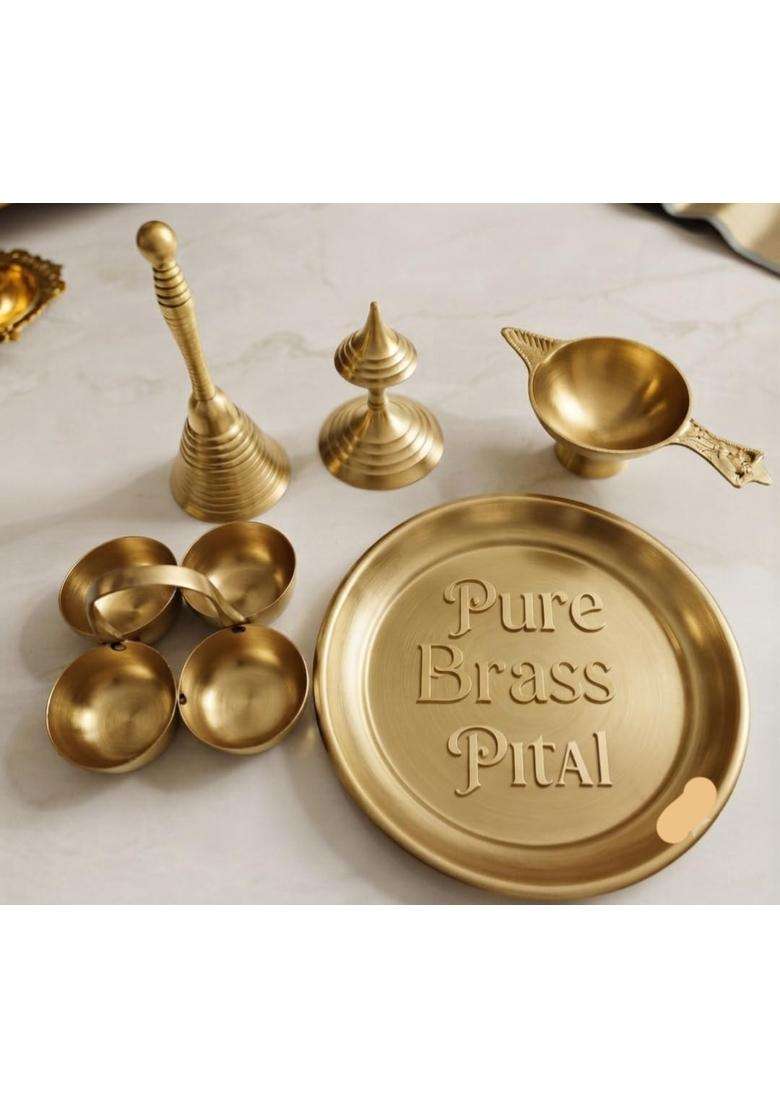 Pure Brass Pital Pooja Thali Set with Ghanti Diya Dhoop Dani - Indya