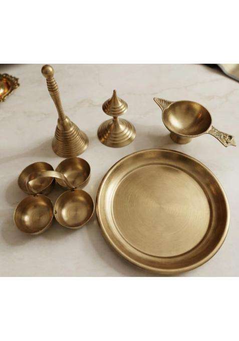 Pure Brass Pital Pooja Thali Set with Ghanti Diya Dhoop Dani