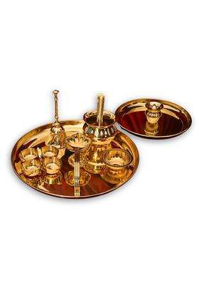 Ambikriti Gold 10 Inch Plus 7 Inch Brass Pooja Combo with Two Plates Ghanti Aarti Diya Kalash Set of 9