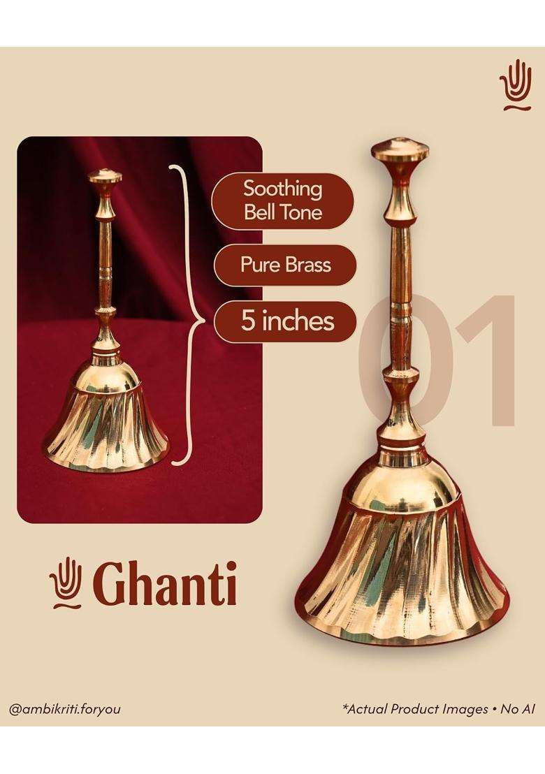 Ambikriti Gold 10 Inch Plus 7 Inch Brass Pooja Combo with Two Plates Ghanti Aarti Diya Kalash Set of 9 - Indya