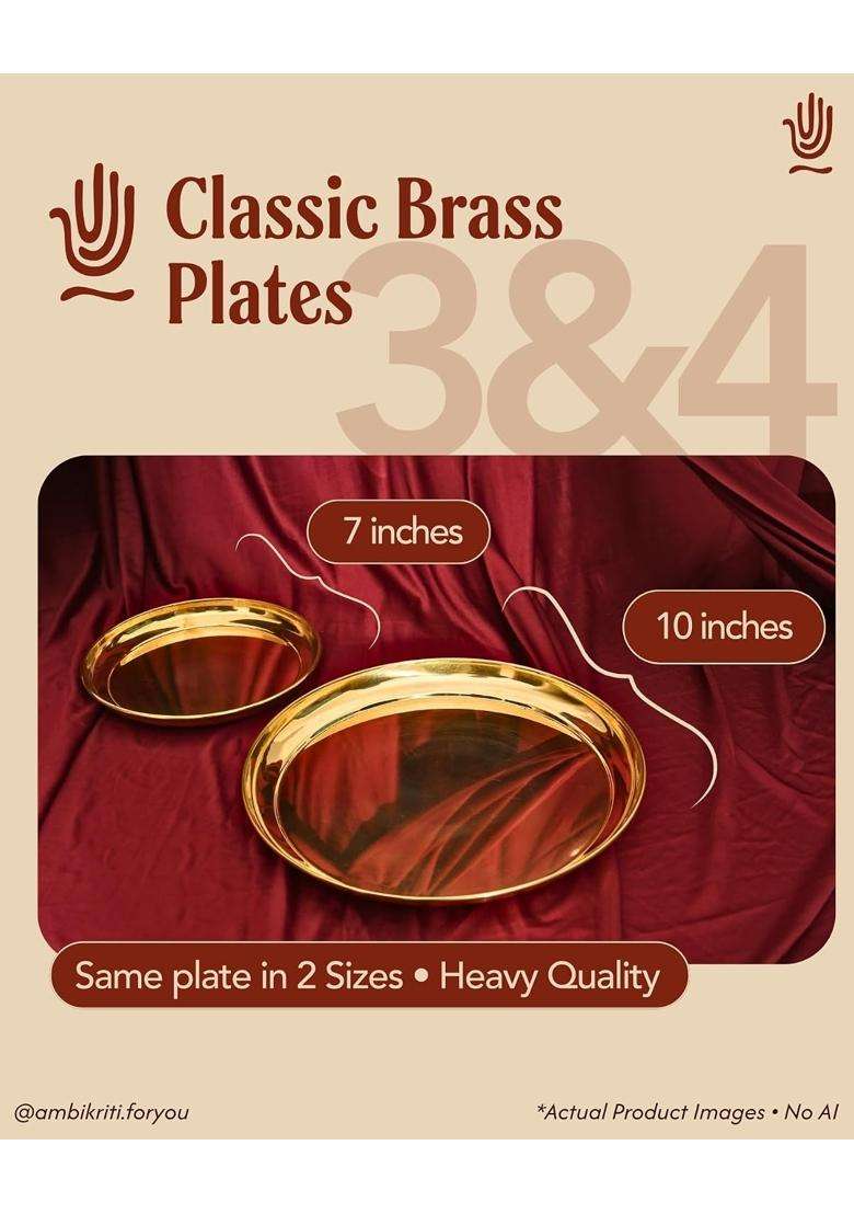 Ambikriti Gold 10 Inch Plus 7 Inch Brass Pooja Combo with Two Plates Ghanti Aarti Diya Kalash Set of 9 - Indya