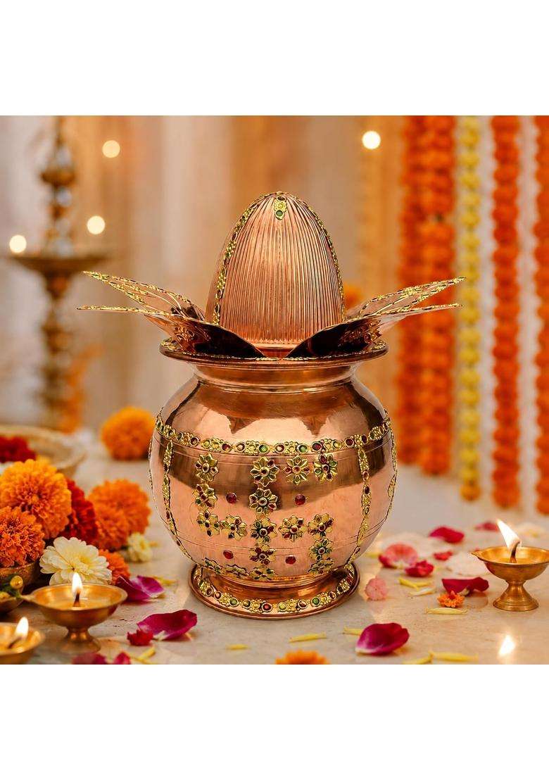 Shiv Shakti Arts Pure Copper Mangal Kalash with Decorative Copper Coconut and Ashok Leaves - Indya
