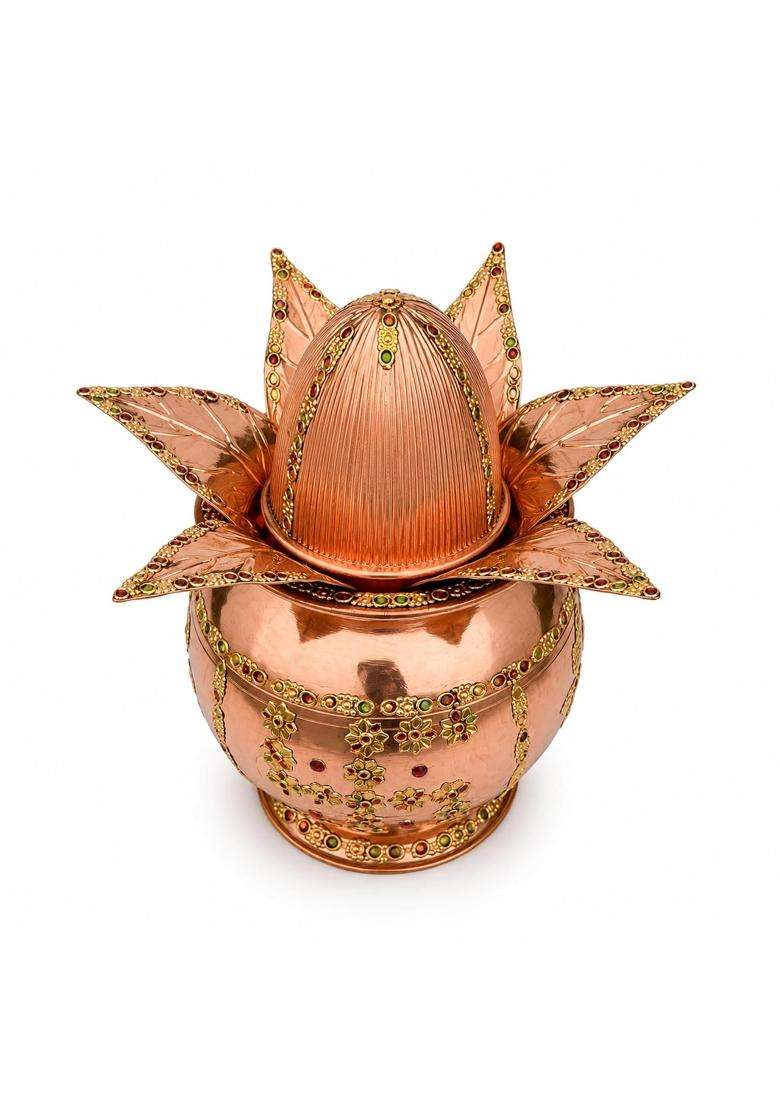 Shiv Shakti Arts Pure Copper Mangal Kalash with Decorative Copper Coconut and Ashok Leaves - Indya