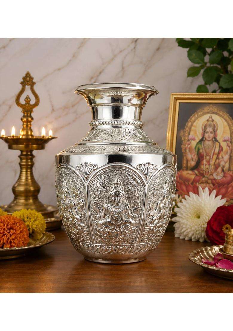Sgr Handicrafts German Silver Lakshmi Kalash 11 Inch Decorative - Indya