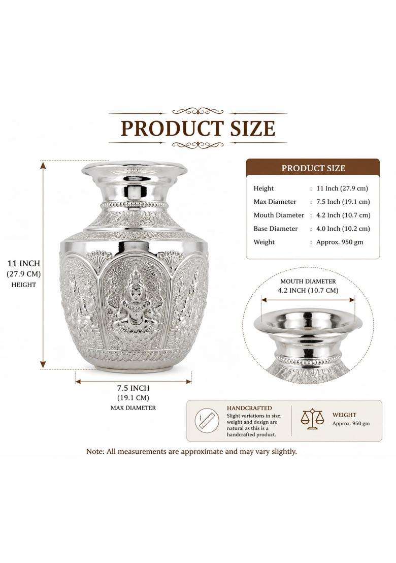 Sgr Handicrafts German Silver Lakshmi Kalash 11 Inch Decorative - Indya