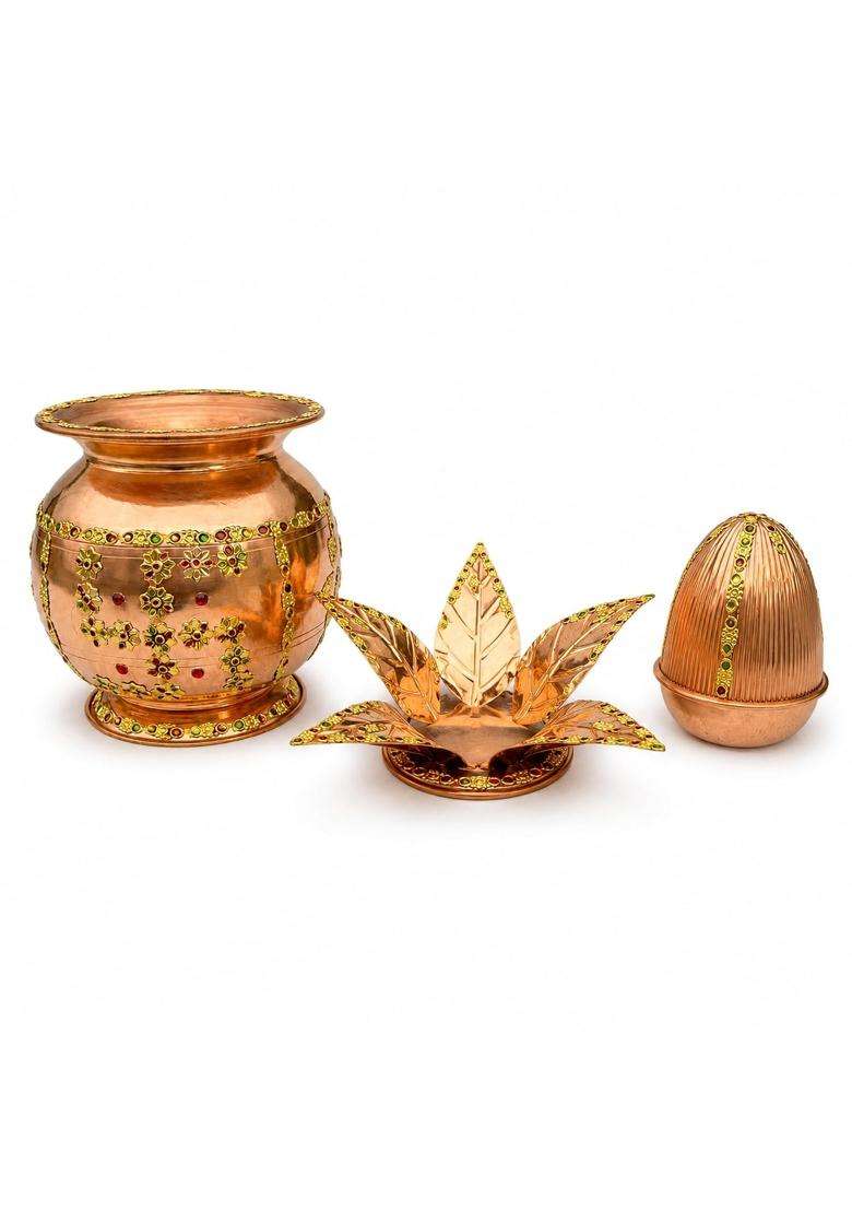 Shiv Shakti Arts Pure Copper Mangal Kalash with Decorative Copper Coconut and Ashok Leaves - Indya