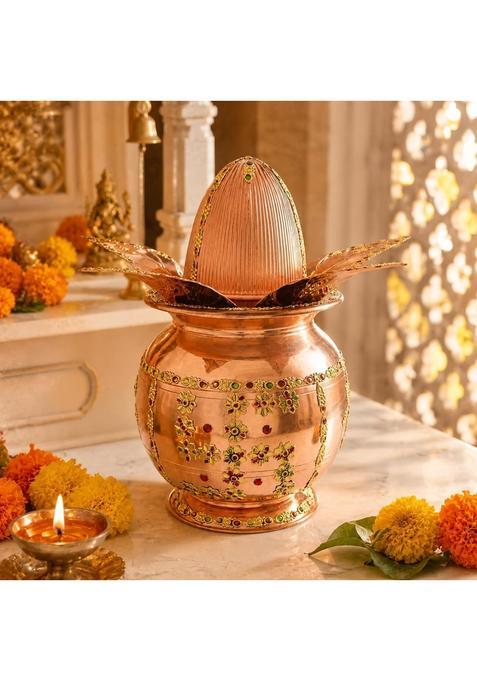 Shiv Shakti Arts Pure Copper Mangal Kalash with Decorative Copper Coconut and Ashok Leaves