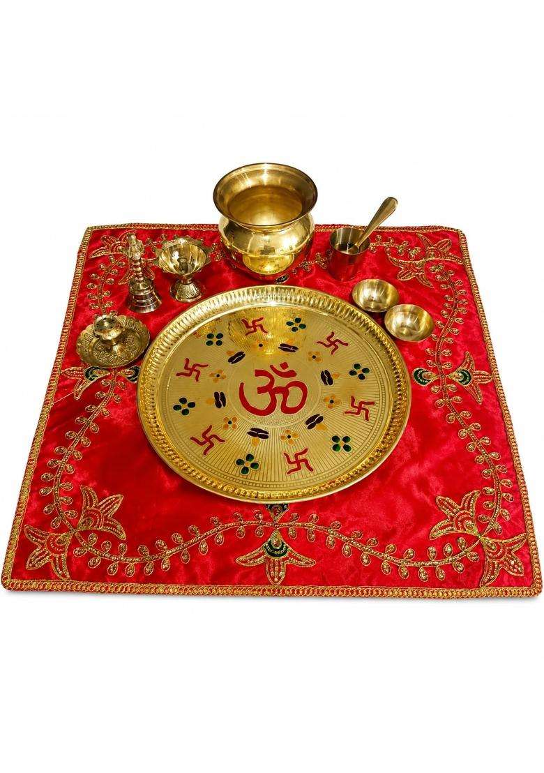 Golden Swastic Pooja Thali Set 11 Inches - Indya