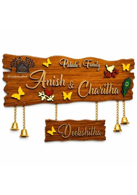Karigaari Brown India Personalized Wooden Family Name Plate Custom Hanging Child Name Board