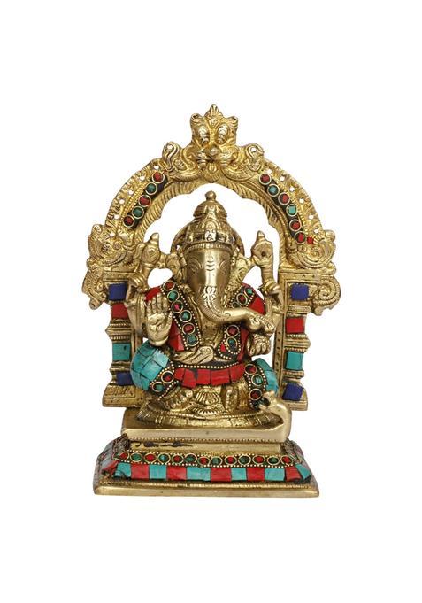 Kartique Brass Ganesha Idol with Prabhavali Stone Work Multicolor