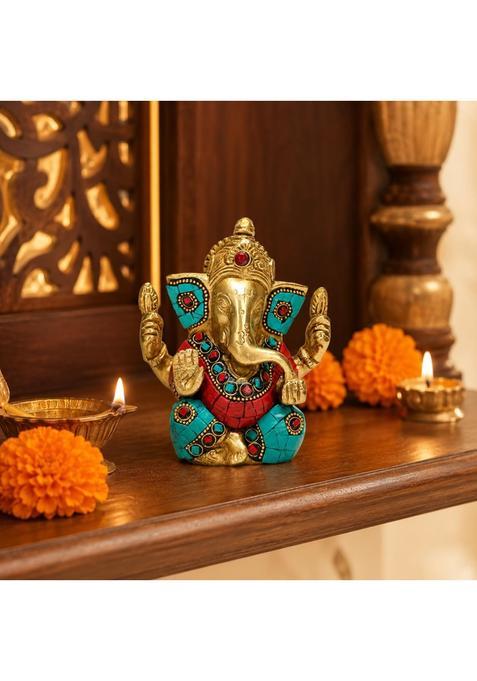 Kartique Multicolour Brass Ganesha Idol Ganesh Ganpati Murti with Stone Inlay 4 and Half Inch