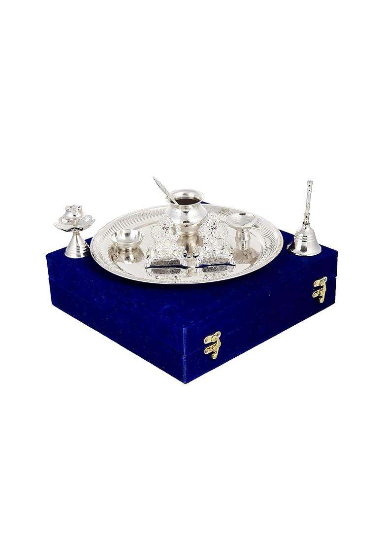Giftcity Silver Plated Laxmi Ganesh Idol Murti with Pooja Thali Set Decorative Showpiece Set of 9 - Indya